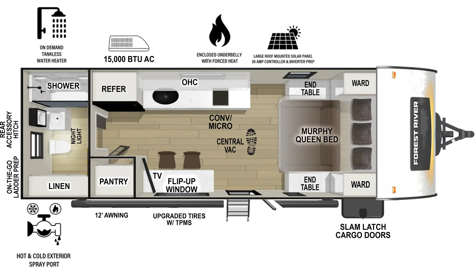 The RP-197 has zero slideouts and one entry. Exterior features slam latch cargo doors, upgraded tires with TPMS, 12 foot awning, hot and cold spray port, on-the-go ladder prep, rear accessory hitch, on demand tankless water heater, 15,000 BTU air conditioner, enclosed underbelly with forced heat, and large roof mounted solar panel 30 amp controller & inverter prep. Interior layout front to back: murphy queen bed with wardrobes and end tables on each side, and central vacuum; off-door side kitchen counter with convection microwave, cooktop, sink, overhead cabinet, and refrigerator; door side entry, flip-up window, seats, TV, and pantry; rear full bathroom with linen closet and night light.